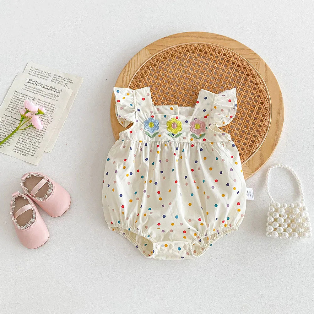 Baby Girl Colorful Dot Print Embroidered Summer Romper
