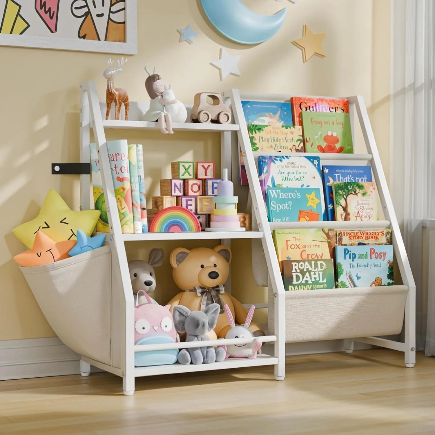 Kids 3-Tier Book Sling Shelf and Toy Storage Organizer