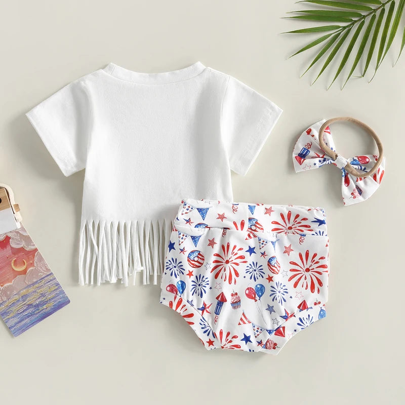 Baby Girl Tassel Tops Cartoon Shorts Headband Outfit for 4th July childrensterritory