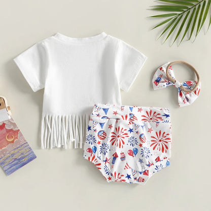 Baby Girl Tassel Tops Cartoon Shorts Headband Outfit for 4th July childrensterritory