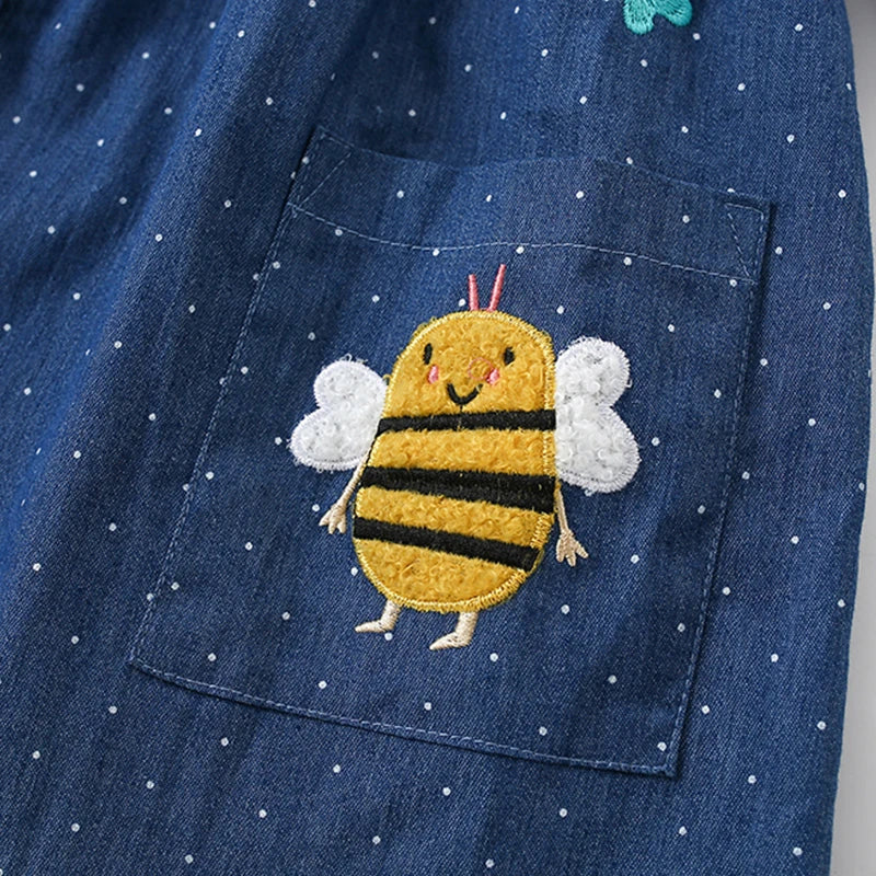 Little Girls Cartoon Bees Design Long Sleeves Dress with Pockets