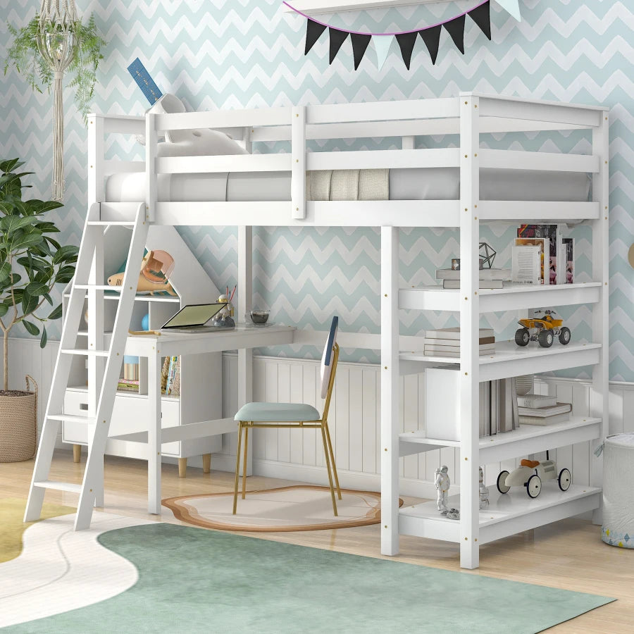 Stylish Kids Twin Loft Bed with Shelves, Desk, and Ladder childrensterritory
