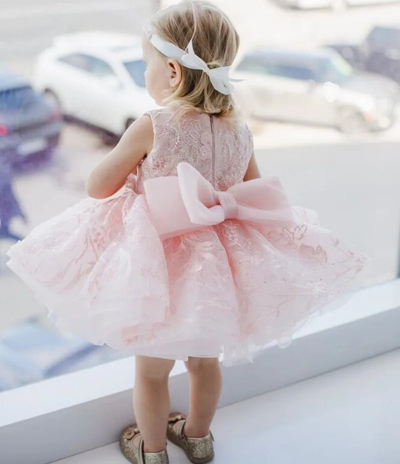 Puffy Lace Embroidery Bow-Design Christening/Party Dress for Girls childrensterritory