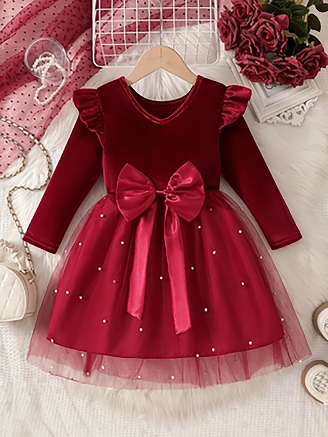 Little Girls Long Sleeve Bow-Decorated Velvet Tutu Party Dresses
