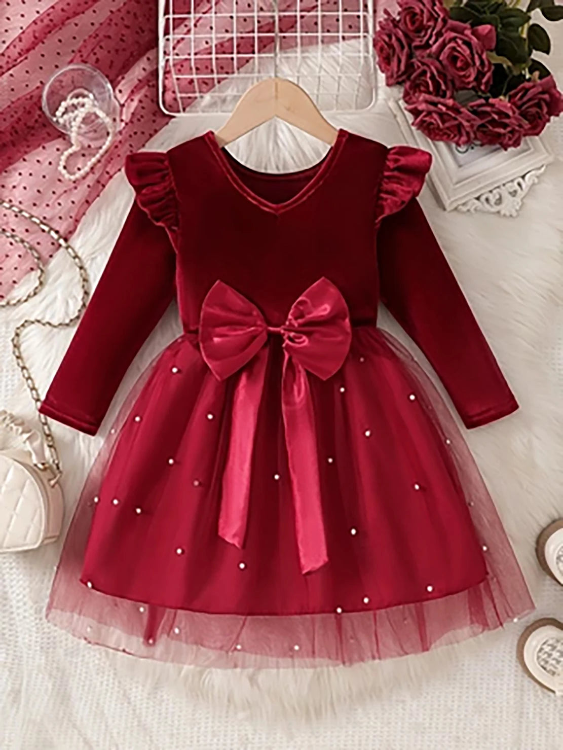 Little Girls Long Sleeve Bow-Decorated Velvet Tutu Party Dresses