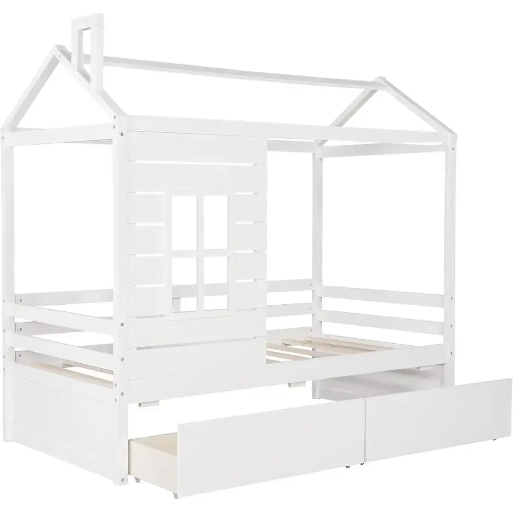 Twin Size Wood Storage Bunk Bed with Window and Roof