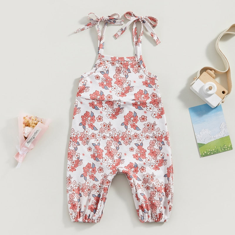 Tie-Up Spaghetti Straps Flower Print Baby Girl Jumpsuit childrensterritory