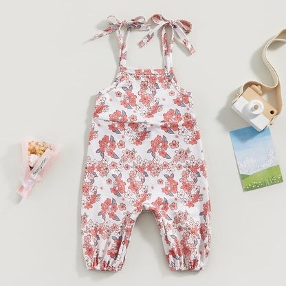 Tie-Up Spaghetti Straps Flower Print Baby Girl Jumpsuit childrensterritory