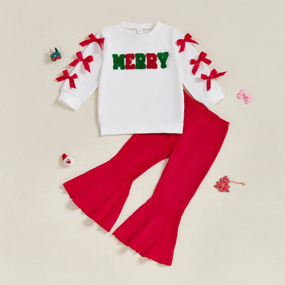 Girls Bow Embroidery Design Christmas Outfit childrensterritory