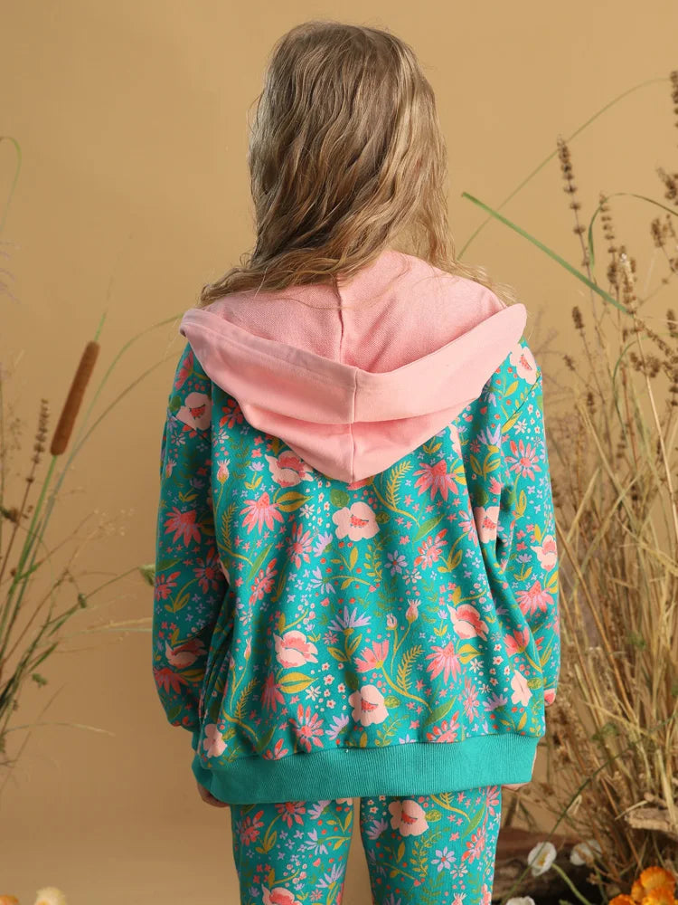 Floral Print Hooded Long Sleeve Jacket For Girls childrensterritory