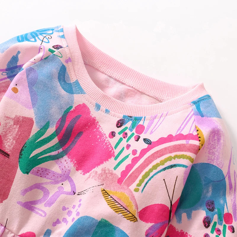 Rainbow Print Round Neck Soft Dresses For Girls