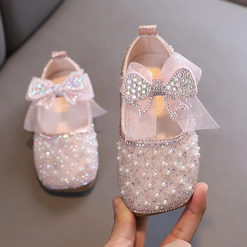 Single Pearl Shallow Kids Girls Bowknot Shoes