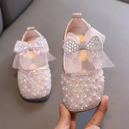 Single Pearl Shallow Kids Girls Bowknot Shoes