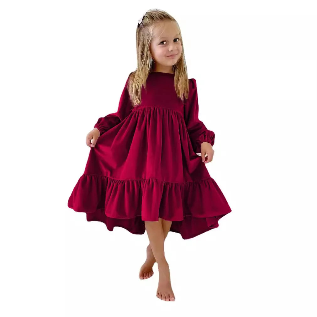 Kids Girls Velvet Long Sleeve Ruffle Hem Party Dresses