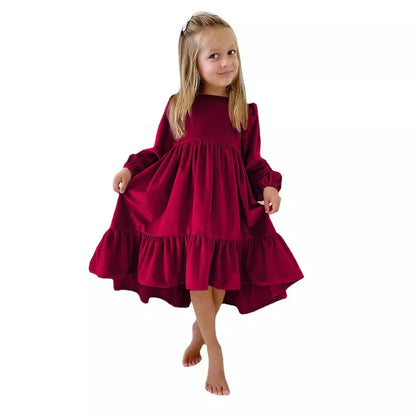 Kids Girls Velvet Long Sleeve Ruffle Hem Party Dresses