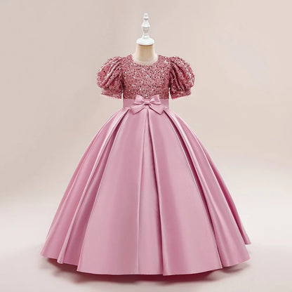 Sequin Bow Design Kids Girls Bridesmaid Princess Party Dress childrensterritory
