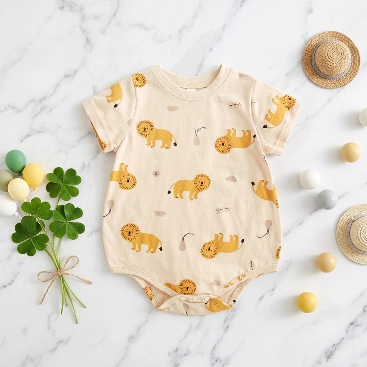 Baby Unisex Short Sleeve Printed Cotton Romper