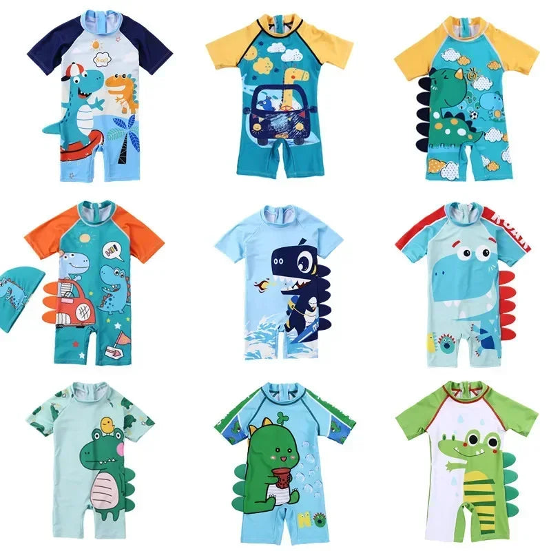 Cartoon Dinosaur Toddler Boy Rash Guard Swimwear with Cap