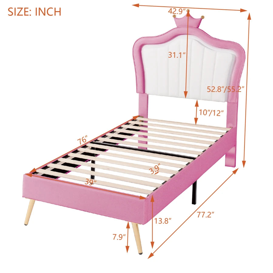 Crown Headboard Modern Upholstered Twin Size LED Princess Bed childrensterritory