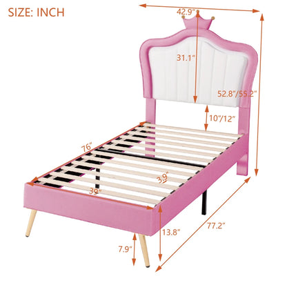 Crown Headboard Modern Upholstered Twin Size LED Princess Bed childrensterritory