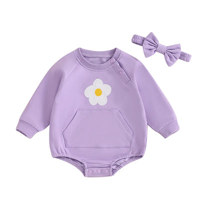 Flower Print Baby Girls Romper with Bowknot Headband