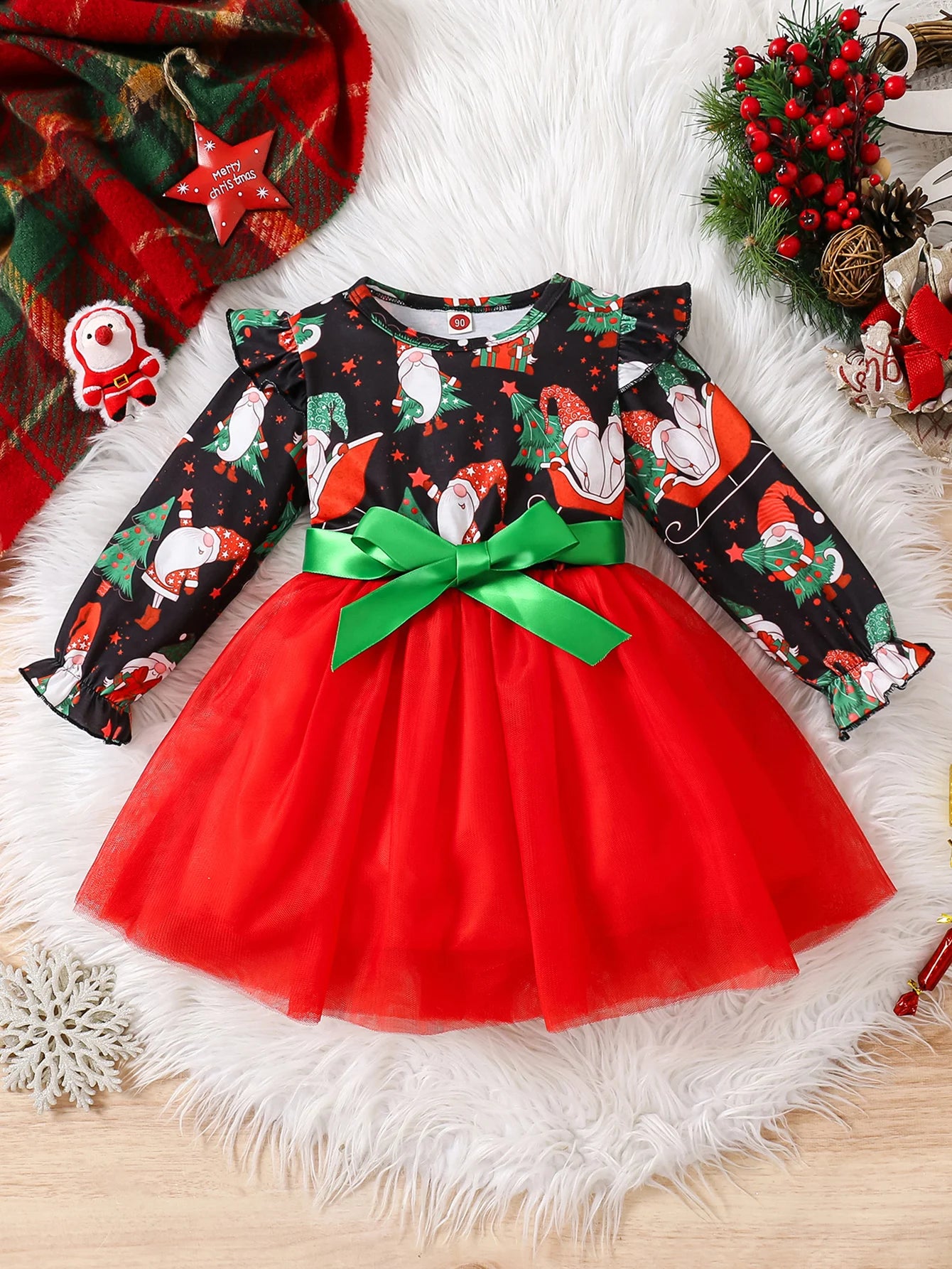 Girls' Long-Sleeved Bow Lace Design Party Dresses