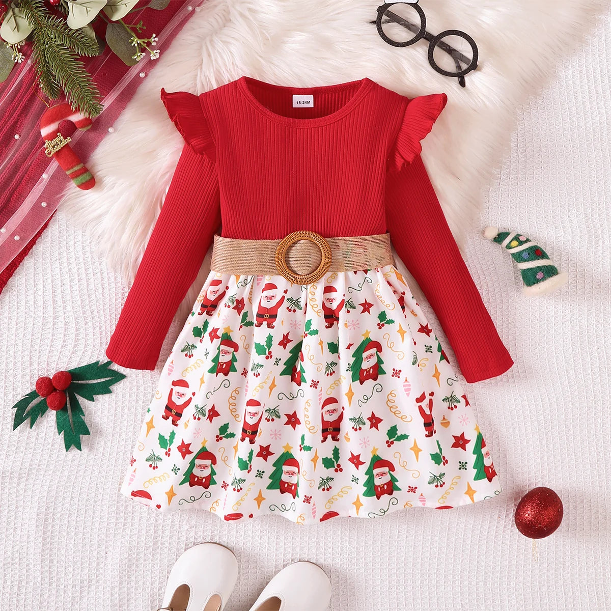 Girls' Round Neck Belt Design Christmas Dresses childrensterritory