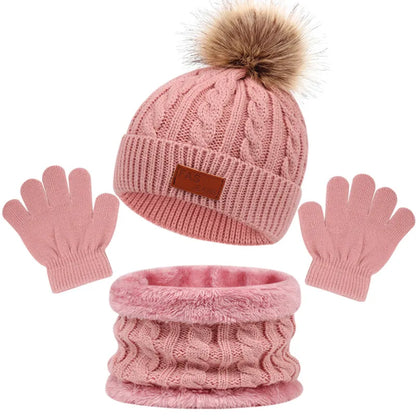 Toddler 3Pcs Cute Pompom Knitted Hats Scarf Gloves Set childrensterritory