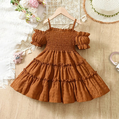 Cold Shoulder Shirred Frill Beach Party Dress for Young Girls