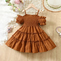 Cold Shoulder Shirred Frill Beach Party Dress for Young Girls