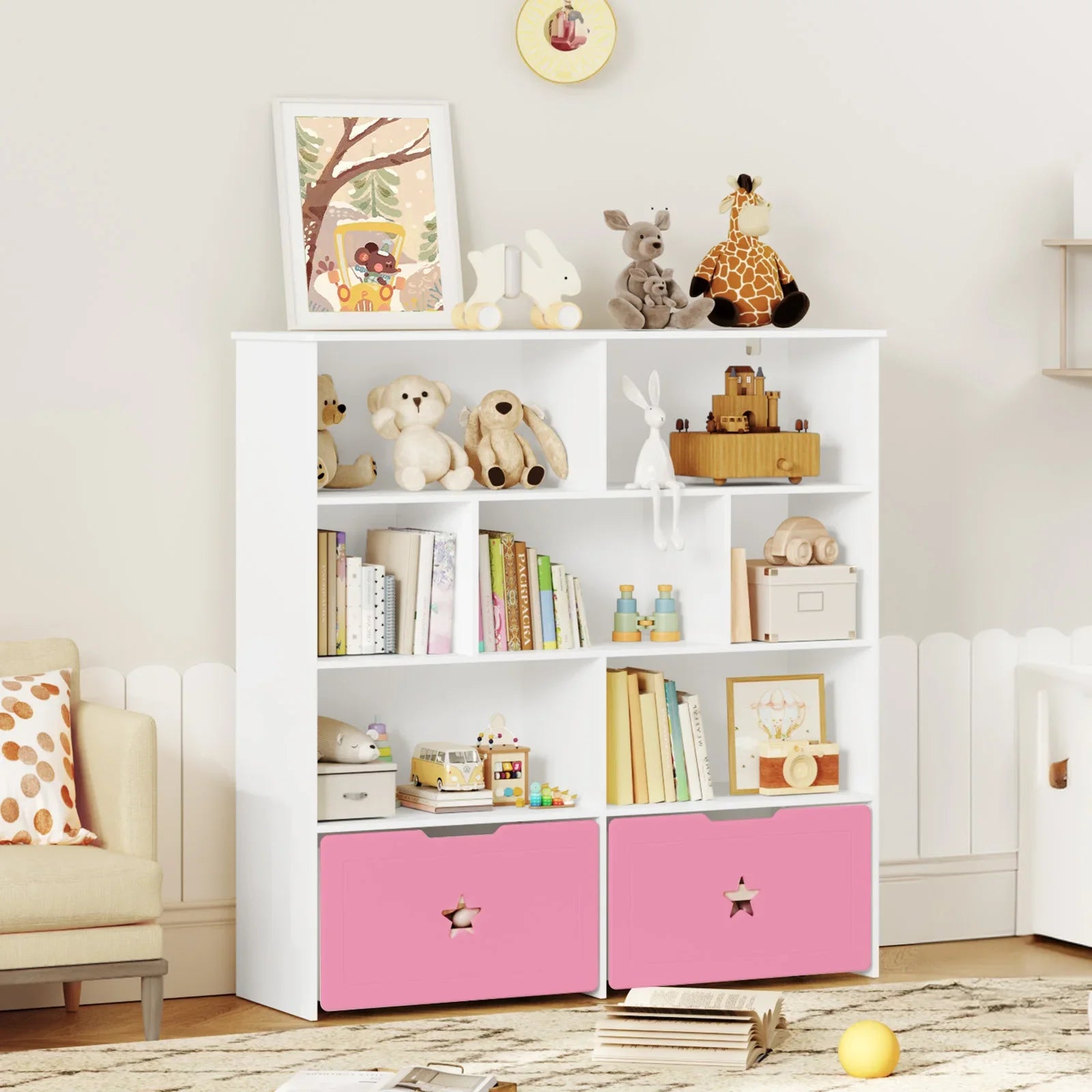 Kids Toy/Book Shelf with 7 Cubbies &amp; 2 Rolling Drawers