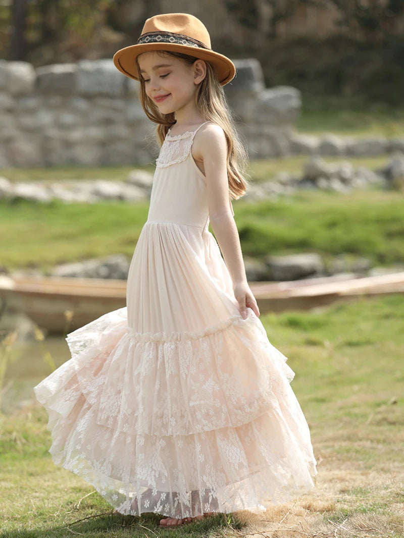 Girls Bohemia Lace Design Backless Chiffon Long Dresses childrensterritory