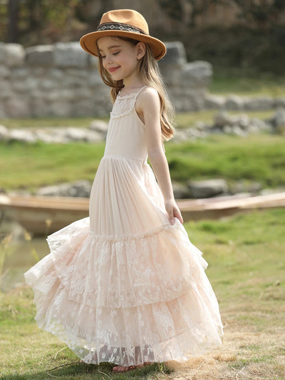 Girls Bohemia Lace Design Backless Chiffon Long Dresses childrensterritory
