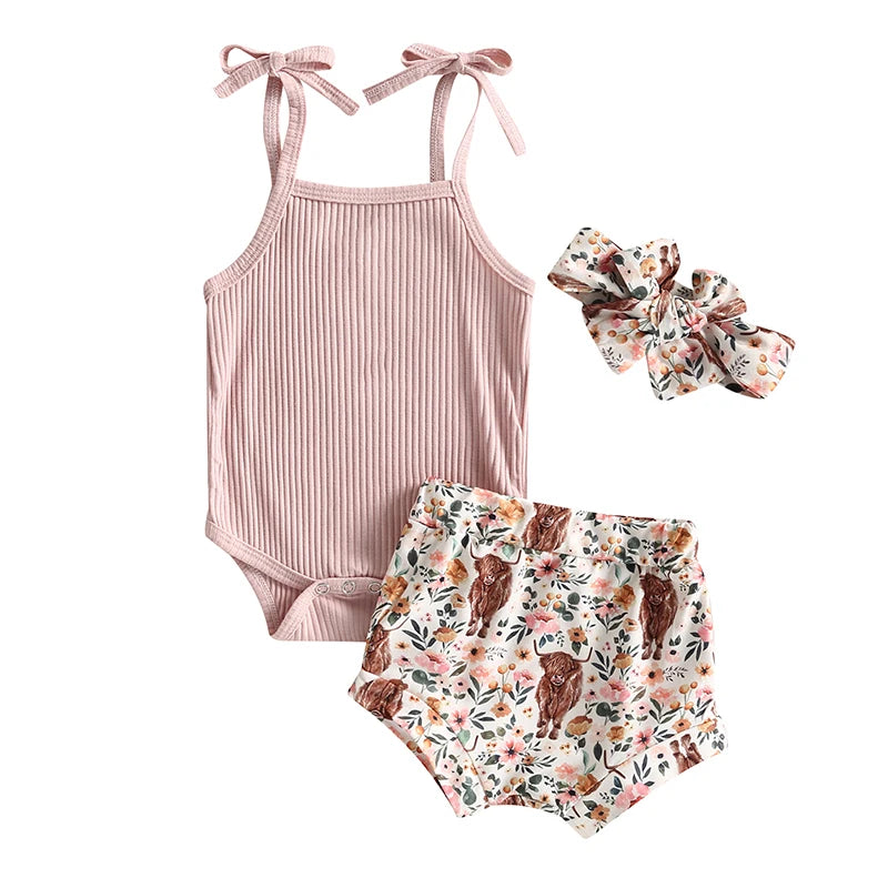 Baby Girl Sleeveless Romper and Print Shorts Set