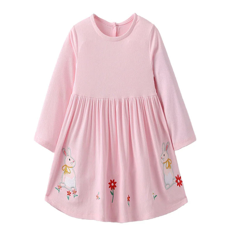Cartoon Rabbit Embroidered Girls Long Sleeves Dress