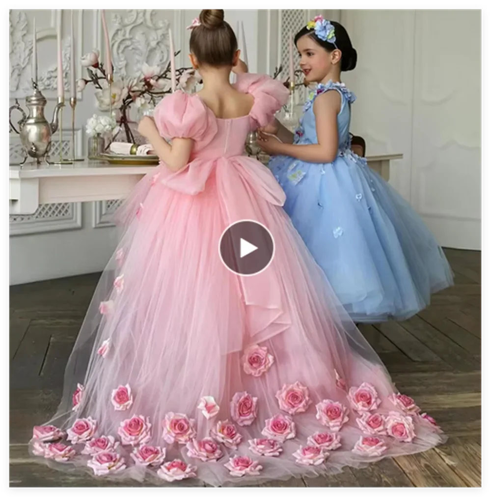 Off-Shoulder Tulle Wedding Party Gowns with Flowers for Girls