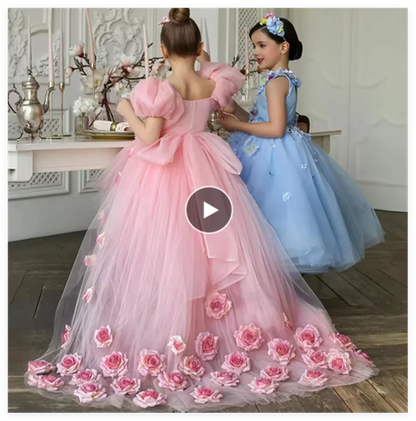 Off-Shoulder Tulle Wedding Party Gowns with Flowers for Girls