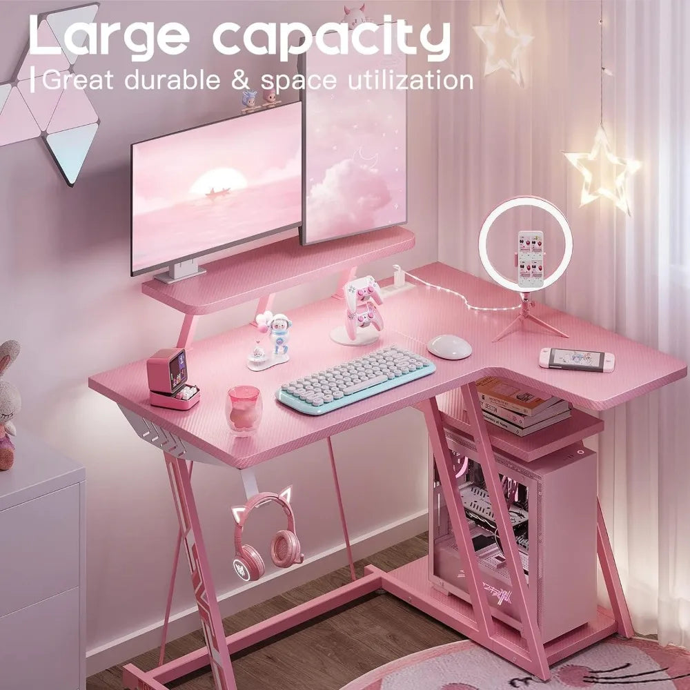 Pink L-shaped Gaming Desk with LED Lights childrensterritory