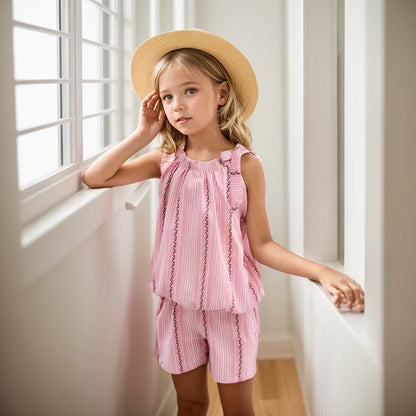 Girls Striped Pattern Vest and Shorts Set For Summer childrensterritory