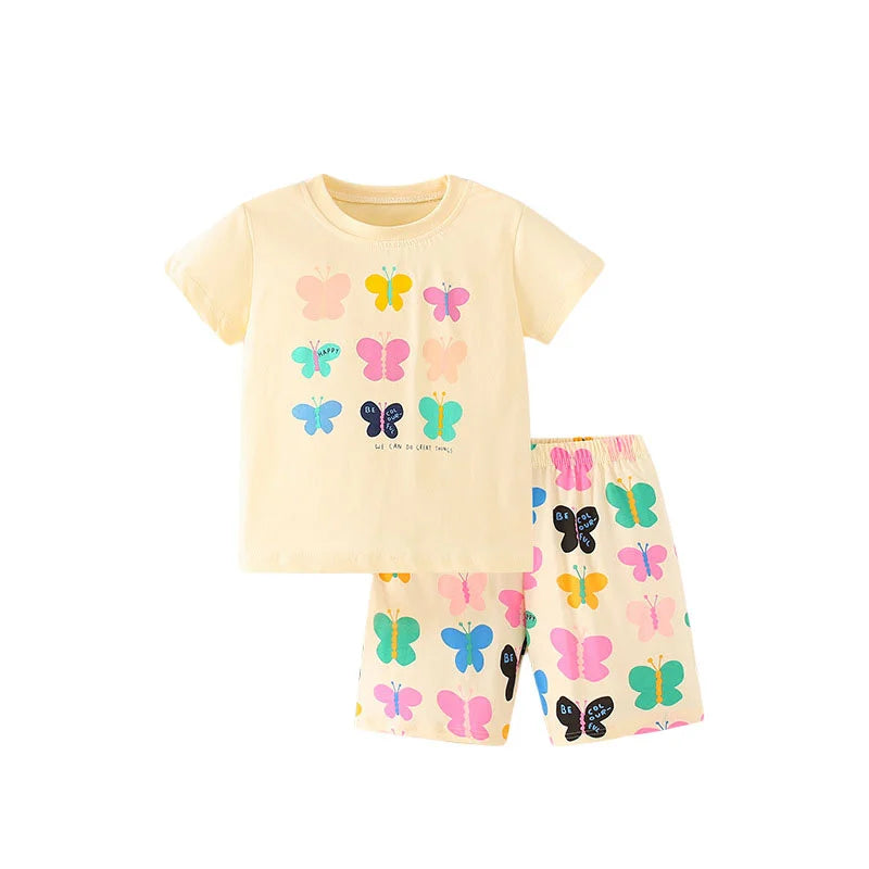 Short Sleeves Butterfly Print 2 Pcs Girls Summer Outfits childrensterritory