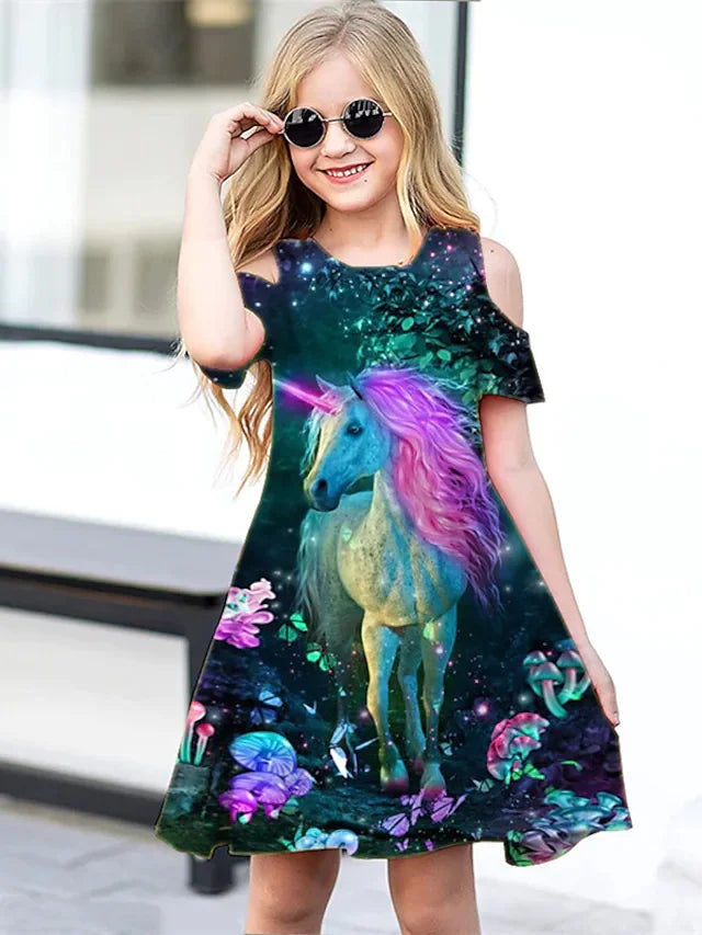 Unicorn Print Kids Girls Half Sleeve Retro Style Loose Dress