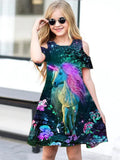 Unicorn Print Kids Girls Half Sleeve Retro Style Loose Dress