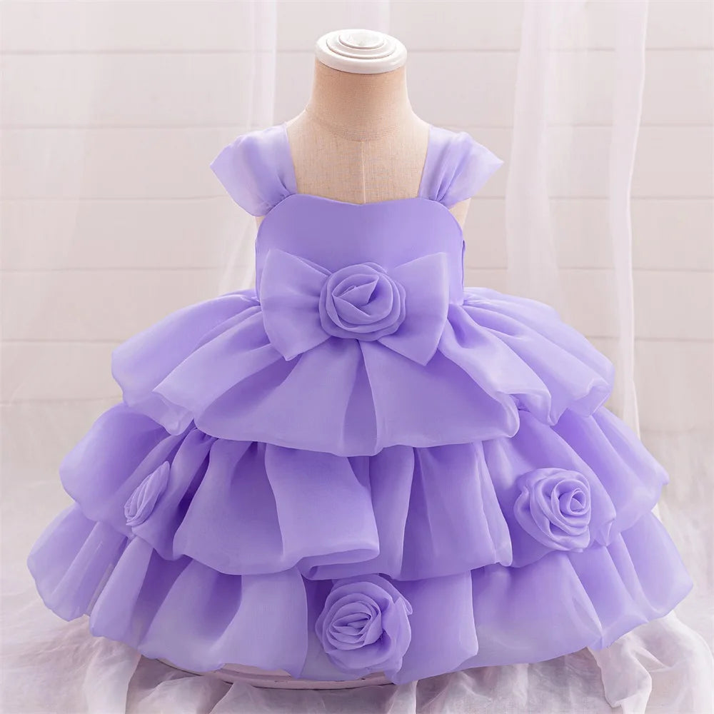 Elegant 3D Rose Flower Tiered Design Baby Christening Dresses