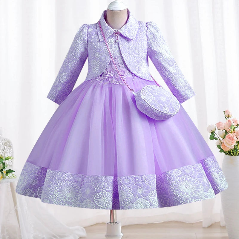 Elegant Long Sleeve Girls' Embroidery Flower Dresses