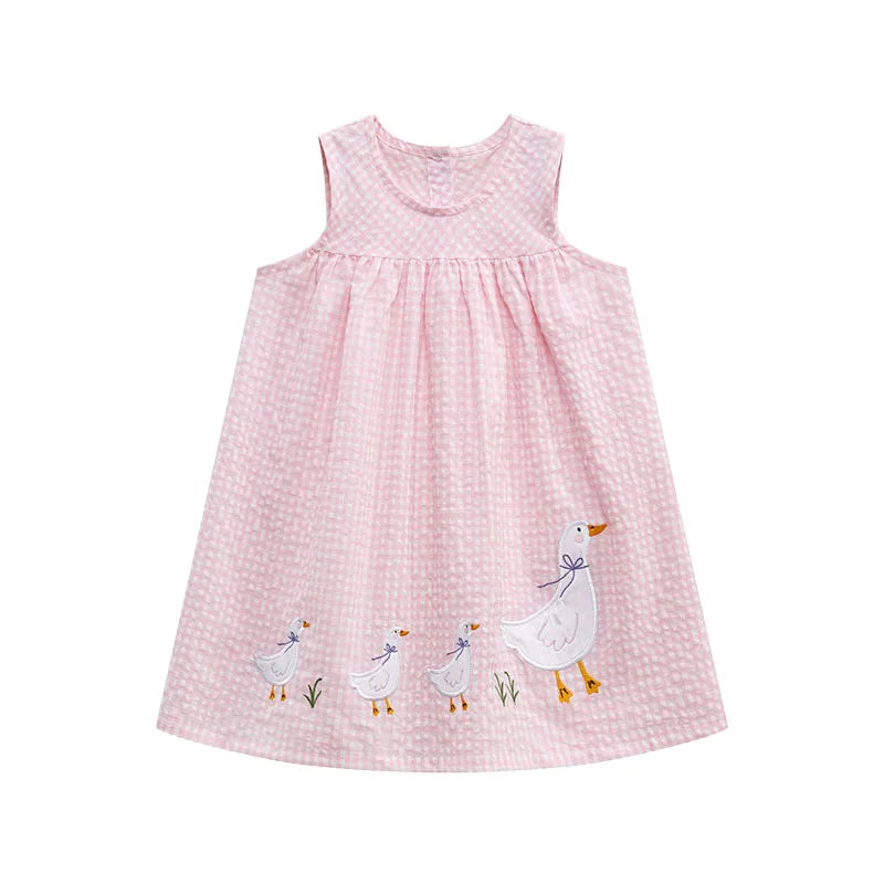 Kids Girls Cartoon Ducks Embroidery Lattice Dresses childrensterritory