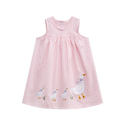 Kids Girls Cartoon Ducks Embroidery Lattice Dresses childrensterritory