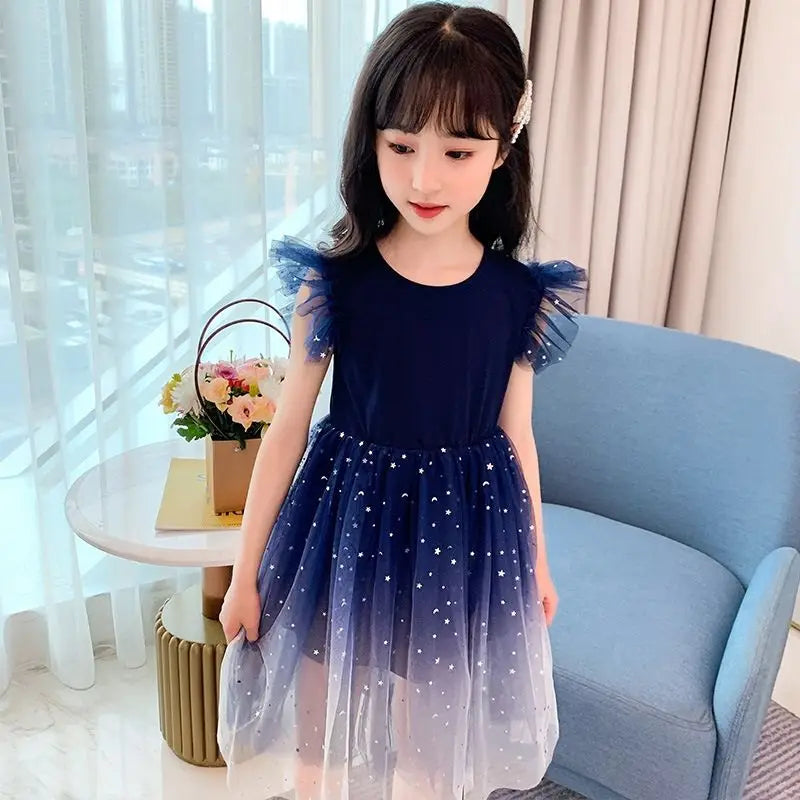 Sleeveless Mesh Lace Layers Star Design Girls Princess Dress