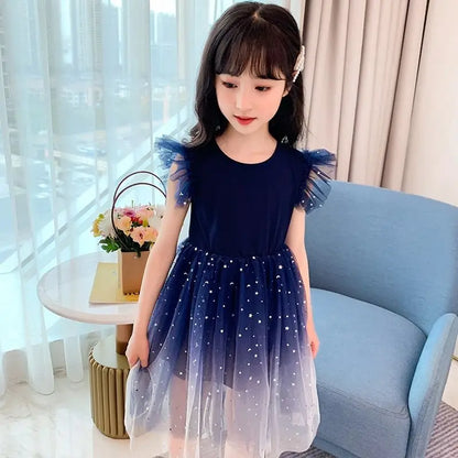 Sleeveless Mesh Lace Layers Star Design Girls Princess Dress