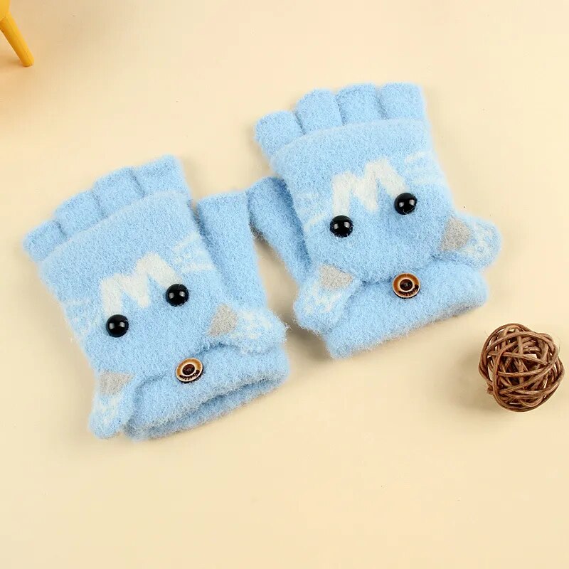 Kids Cartoon Design Furry Coral Fleece Short Gloves Mittens childrensterritory