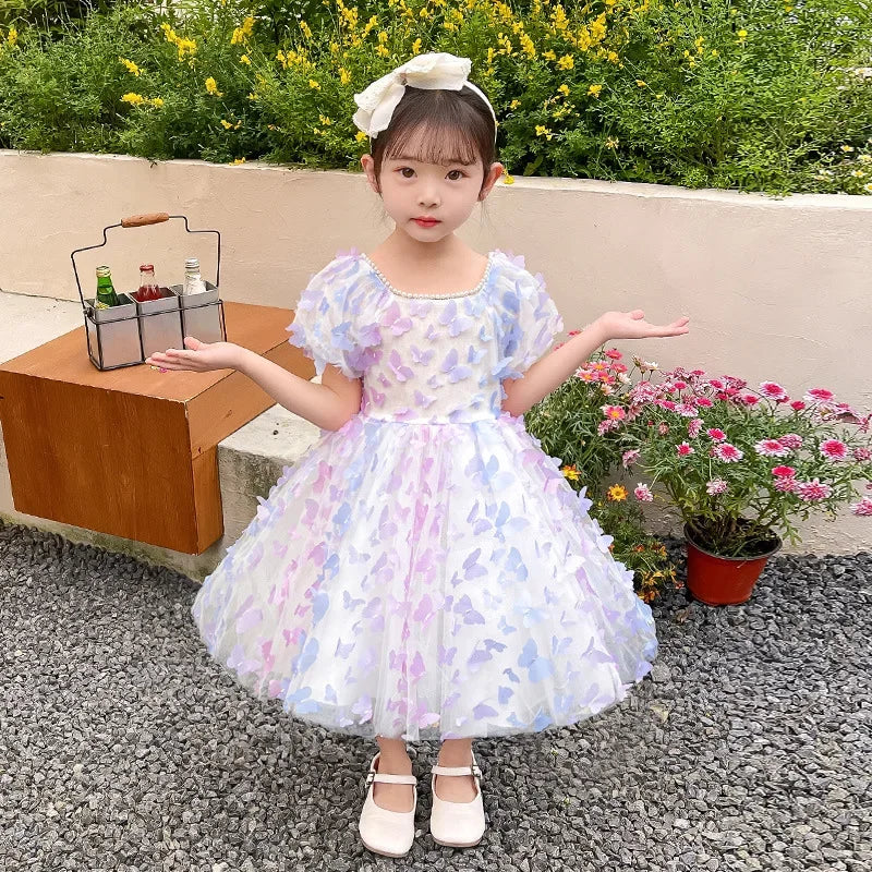 Kids Girl Elegant Butterfly Design Colorful  Birthday Party Dress